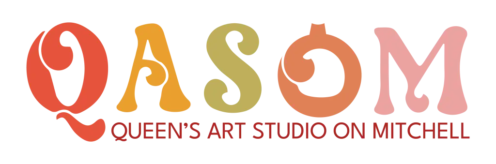 The multi-colored primary logo for the pottery painting studio, Queen's Art Studio on Mitchell, featuring the acronym QASOM.